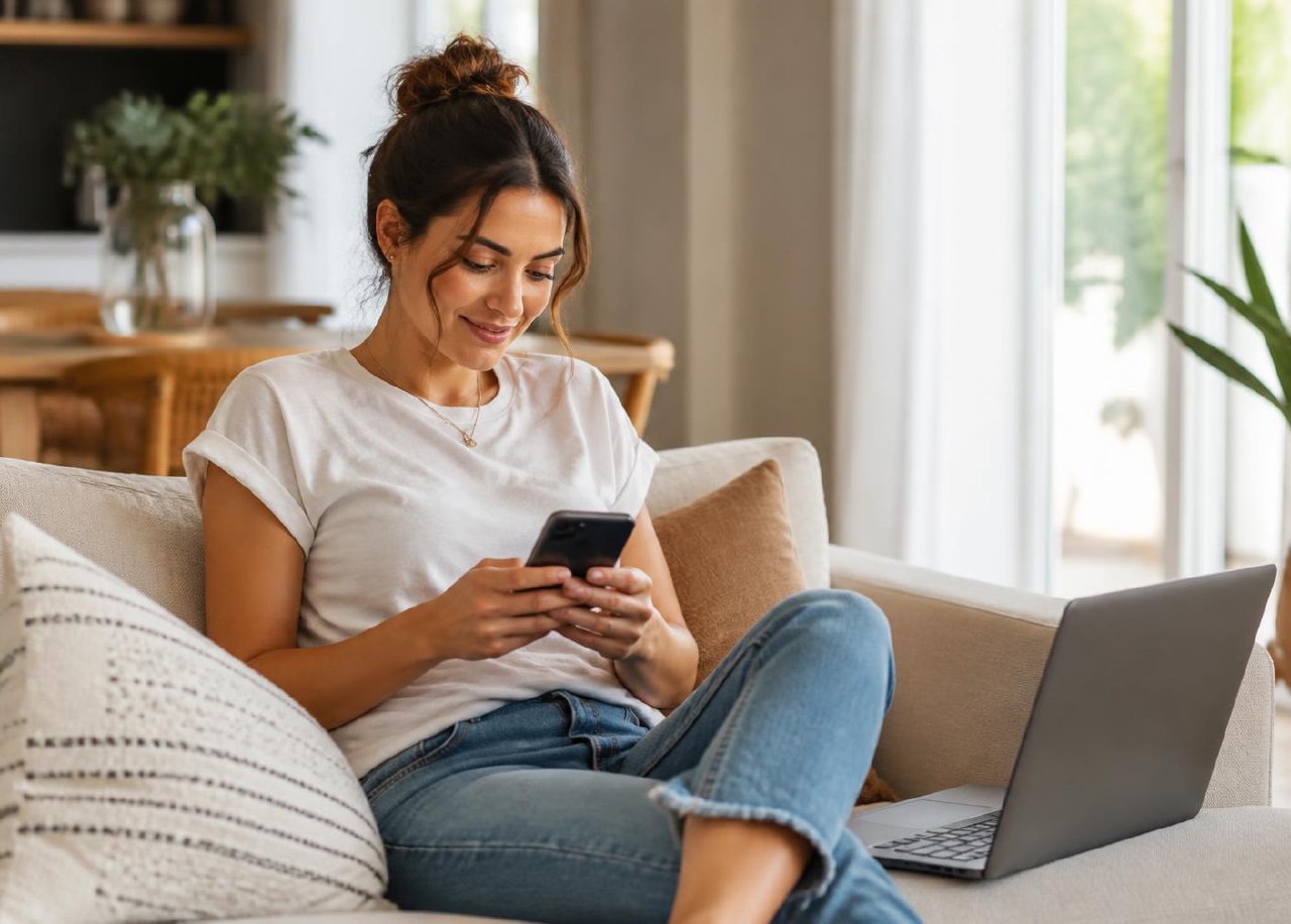A person using a password manager app on their phone at home.